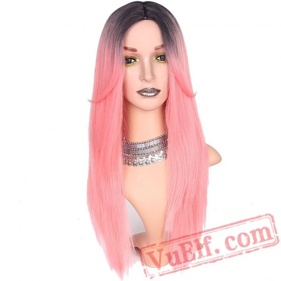Long Straight Wigs Red Pink Blonde Brown Green Hair Wig Women