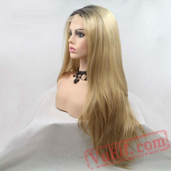 Blonde Long Natural Straight Hair Wig Dark Roots