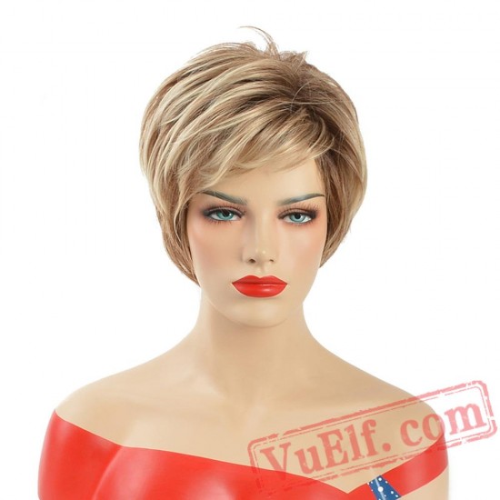 Puffy Blonde African American Short Straight Wigs Women