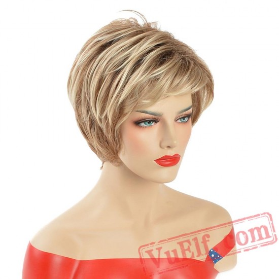 Puffy Blonde African American Short Straight Wigs Women