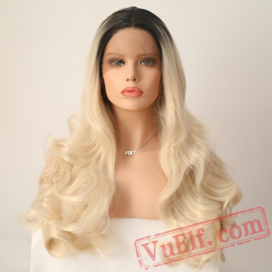 Blonde Hair Lace Front Wig Black Roots Long Wave Wigs Women