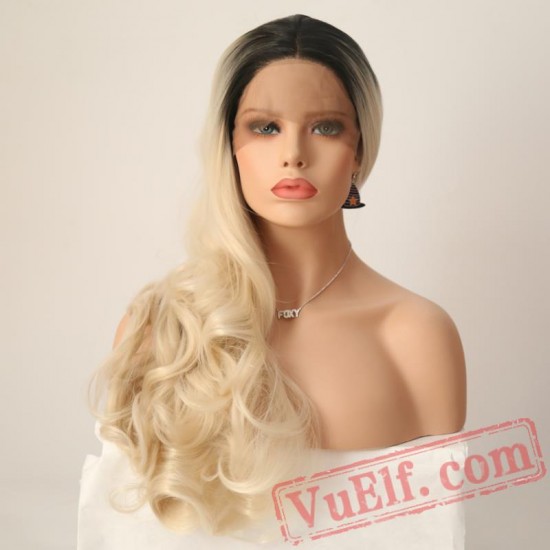 Blonde Hair Lace Front Wig Black Roots Long Wave Wigs Women