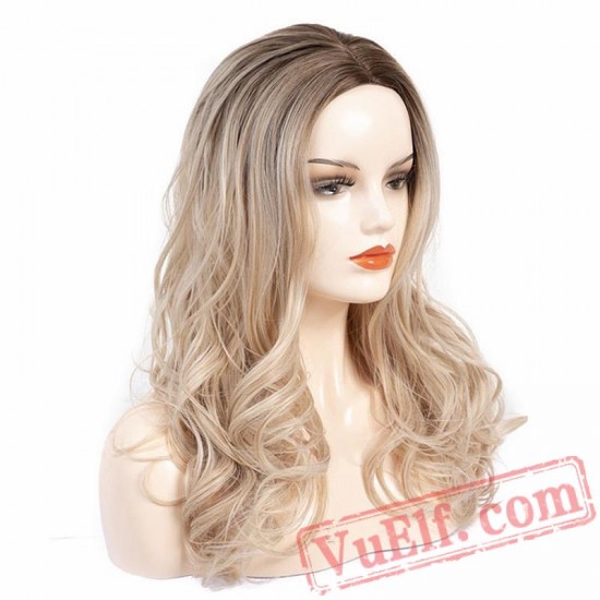 Wave Wigs Long Natural Blonde Wig Women Silver Grey Wavy Hair