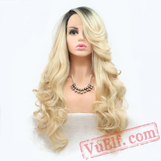 Blonde Two Tone Long Hair Lace Front Wigs Women Girls Wavy Wig