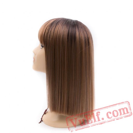 Short Brown Blonde Wig Bangs Wigs Black/White Women