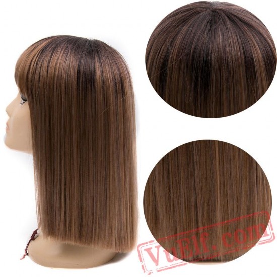 Short Brown Blonde Wig Bangs Wigs Black/White Women