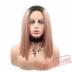 Peach Red Dark Roots Mixed Pink Lace Front Blonde Wigs