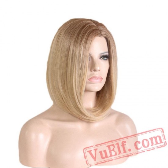 straight short bob wigs women hair blonde wig dark roots