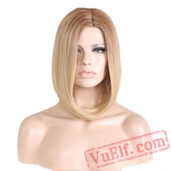 straight short bob wigs women hair blonde wig dark roots