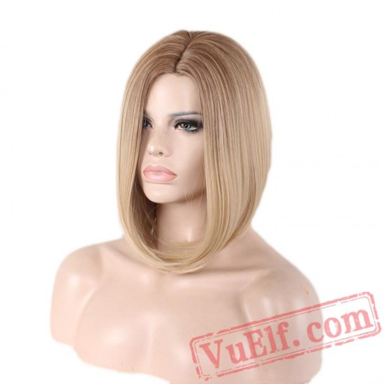 straight short bob wigs women hair blonde wig dark roots