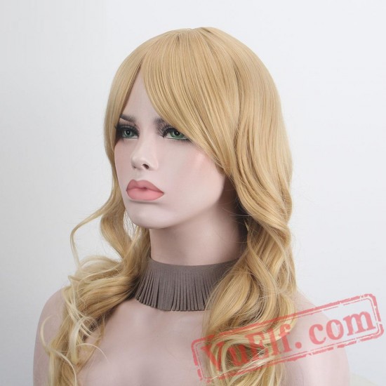 Long Blonde Wigs Bangs Women Platinum Gold Wig Curly Hair Wavy