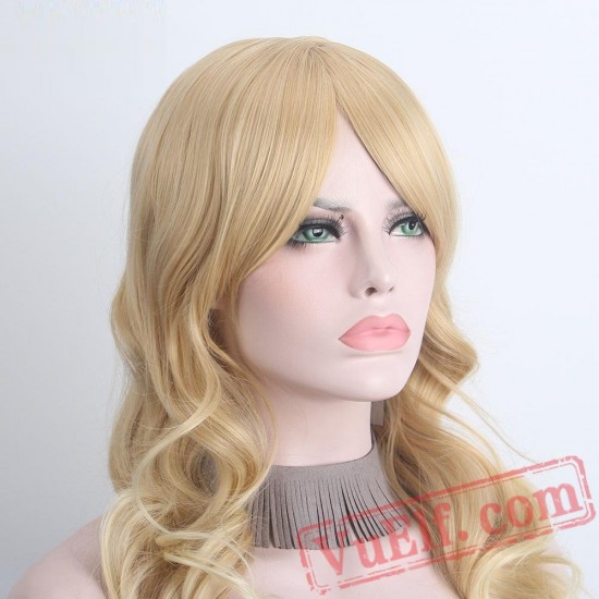 Long Blonde Wigs Bangs Women Platinum Gold Wig Curly Hair Wavy