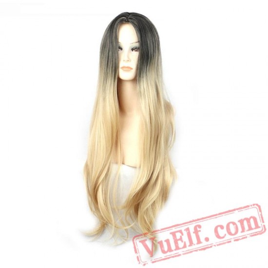 woman straight long blonde wig dark roots blonde hair