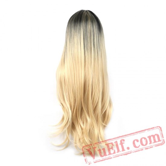 woman straight long blonde wig dark roots blonde hair