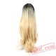 woman straight long blonde wig dark roots blonde hair
