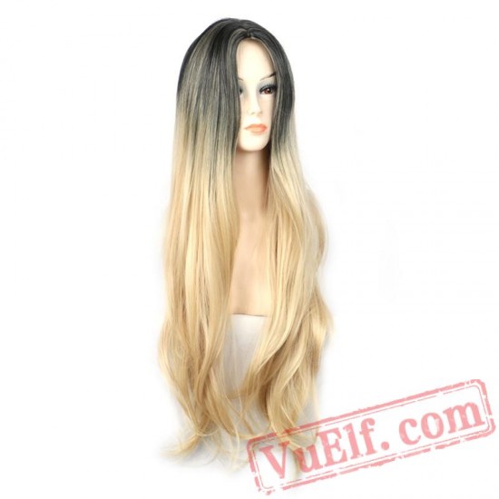 woman straight long blonde wig dark roots blonde hair