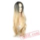 woman straight long blonde wig dark roots blonde hair