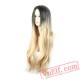 woman straight long blonde wig dark roots blonde hair