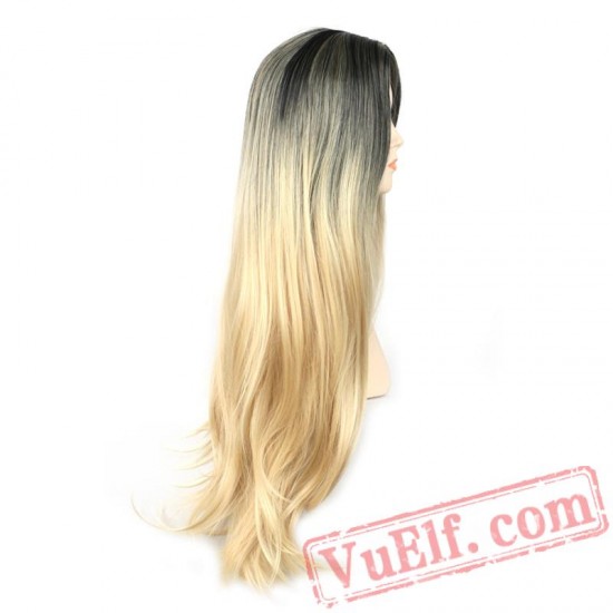 woman straight long blonde wig dark roots blonde hair