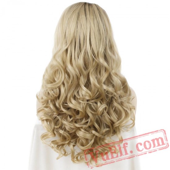 Blonde Wig Natural Wavy Lace Front Wig Women Dark Root Wigs