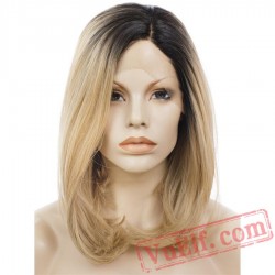 Straight Short Blonde Wigs Women Lace Wig Dark Root Natural Hair