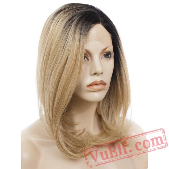 Straight Short Blonde Wigs Women Lace Wig Dark Root Natural Hair