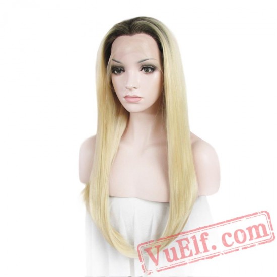 Lace Front Stright Blonde Wigs Women Dark Root Long Hair Lace Wig Cosplay