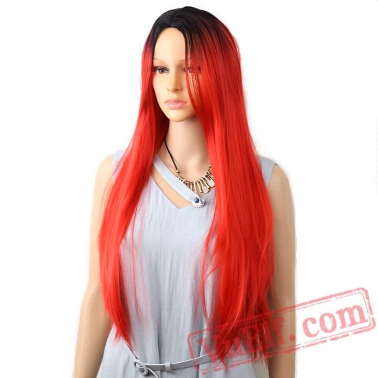 Wig Long Red Wig Straight hair wig Dark Roots Full Wigs Cosplay
