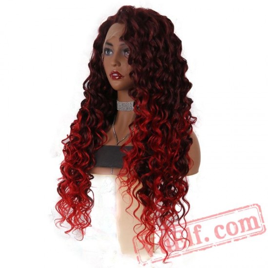 Long Curly Red Wigs Lace Front Wig Long Curly Dark Red Wigs