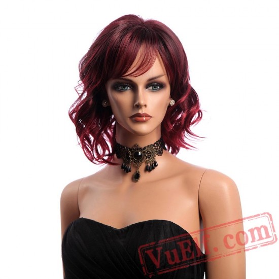 Hair Wine Red Wig Woman Short Wavy Wigs Bangs Hair Wine Red Wig Woman Short Wavy Wigs Bangs