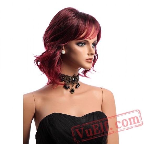 Hair Wine Red Wig Woman Short Wavy Wigs Bangs Hair Wine Red Wig Woman Short Wavy Wigs Bangs