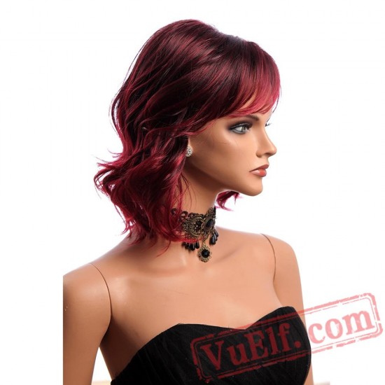 Hair Wine Red Wig Woman Short Wavy Wigs Bangs Hair Wine Red Wig Woman Short Wavy Wigs Bangs