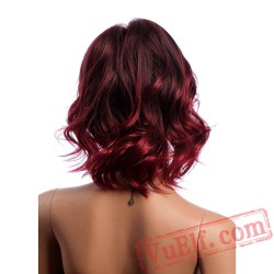 Hair Wine Red Wig Woman Short Wavy Wigs Bangs
