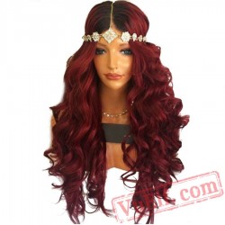 Red Wig Lace Front Wig Natural Long Wavy Wigs Black Women