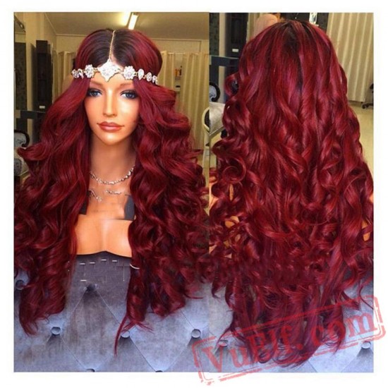 Red Wig Lace Front Wig Natural Long Wavy Wigs Black Women
