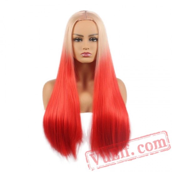 Long Hair Two Beige Red Wigs Natural Silky Straight Wig