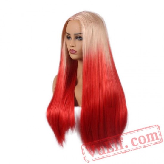 Long Hair Two Beige Red Wigs Natural Silky Straight Wig