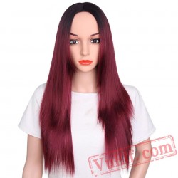 Red Wigs Black Women Long Straight Cosplay Grey Hair