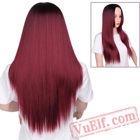 Red Wigs Black Women Long Straight Cosplay Grey Hair