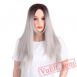 Red Wigs Black Women Long Straight Cosplay Grey Hair