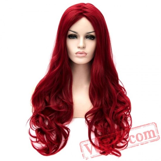Long Wavy Wig Women Dark Red Cosplay Wigs