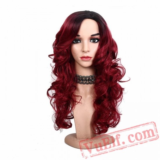 Red Long Wavy Women's Wigs Natural Hair Wig Hair Cap