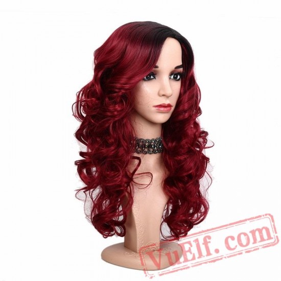 Red Long Wavy Women's Wigs Natural Hair Wig Hair Cap