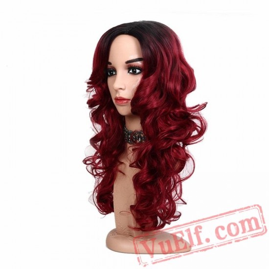 Red Long Wavy Women's Wigs Natural Hair Wig Hair Cap
