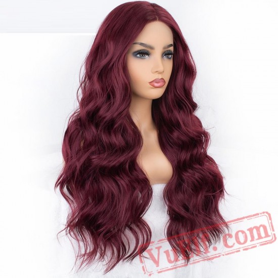 Long Burgundy Wavy Lace Front Wig Red Wine Women Wig