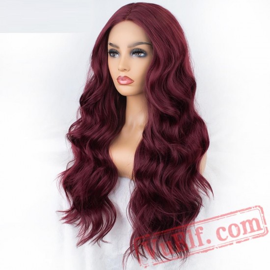 Long Burgundy Wavy Lace Front Wig Red Wine Women Wig