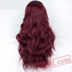 Long Burgundy Wavy Lace Front Wig Red Wine Women Wig