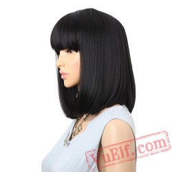 Straight Black Wigs Bangs Women Medium Length Hair Bob Wig