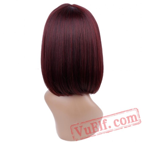 Straight Black Wigs Bangs Women Medium Length Hair Bob Wig