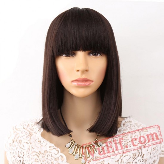 Straight Black Wigs Bangs Women Medium Length Hair Bob Wig